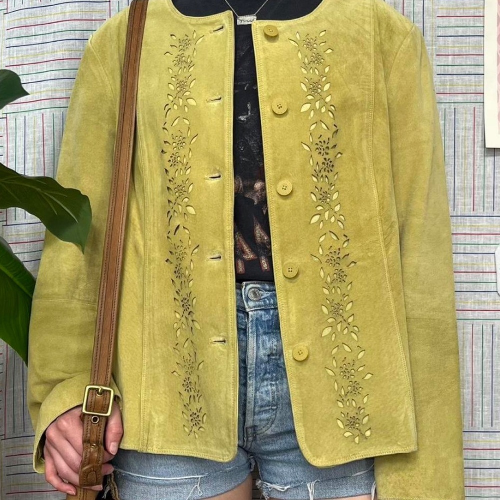 J Jill vintage suede leather jacket size L laser cutout chartreuse Y2K boho